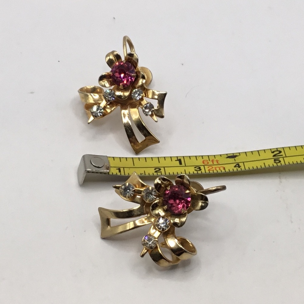 Vintage Pink Rhinestone Bow Ribbon Brooch/Pendant Earrings Set - Picture 8 of 10